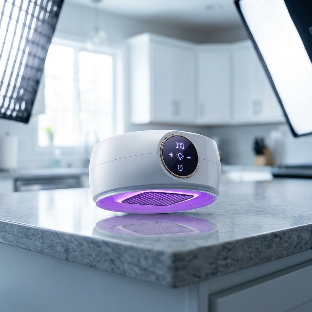 A high-resolution product shot of the AirFlow Dryer Deluxe placed on a sleek, modern countertop with a softly blurred, bright kitchen background. The scene features professional studio lighting using softboxes to create even, diffused light that highlights