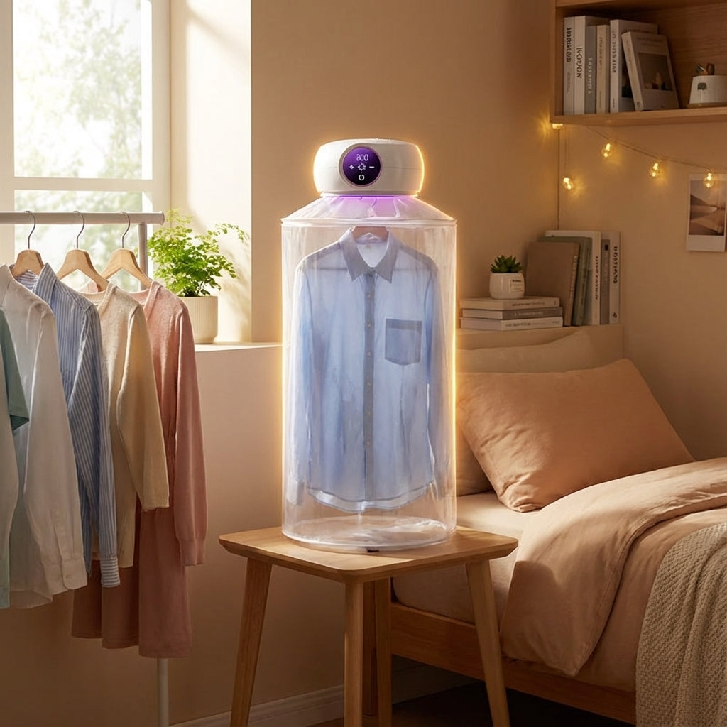 A lifestyle scene showing the AirFlow Dryer Deluxe in a cozy, well-lit dorm room setting. The dryer is placed on a small side table next to freshly hung laundry, with natural diffused daylight streaming through a nearby window, complemented by a rim light 