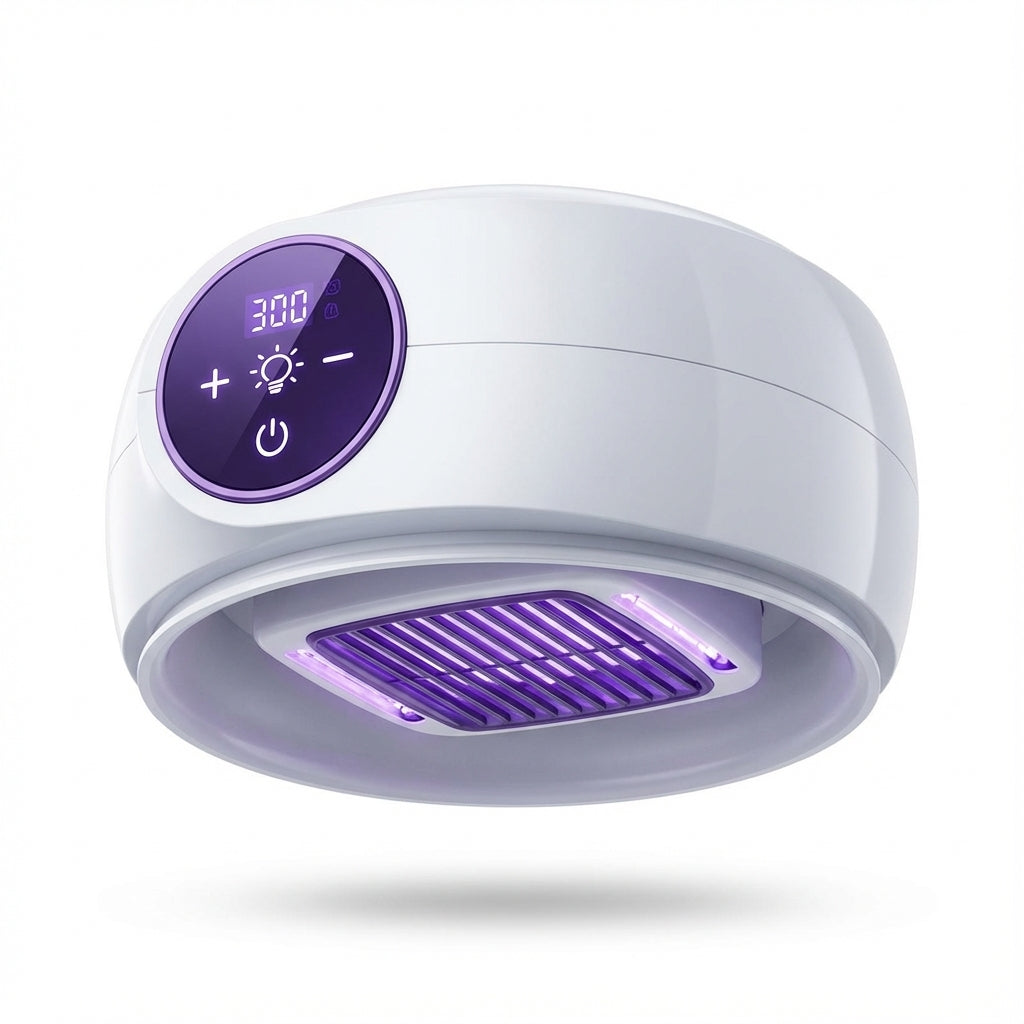 A detailed, close-up product shot of the AirFlow Dryer Deluxe in a professional studio environment with a pure white background. The dryer is illuminated by HDR studio lights, emphasizing its smooth plastic surface, soft contours, and the subtle branding. 