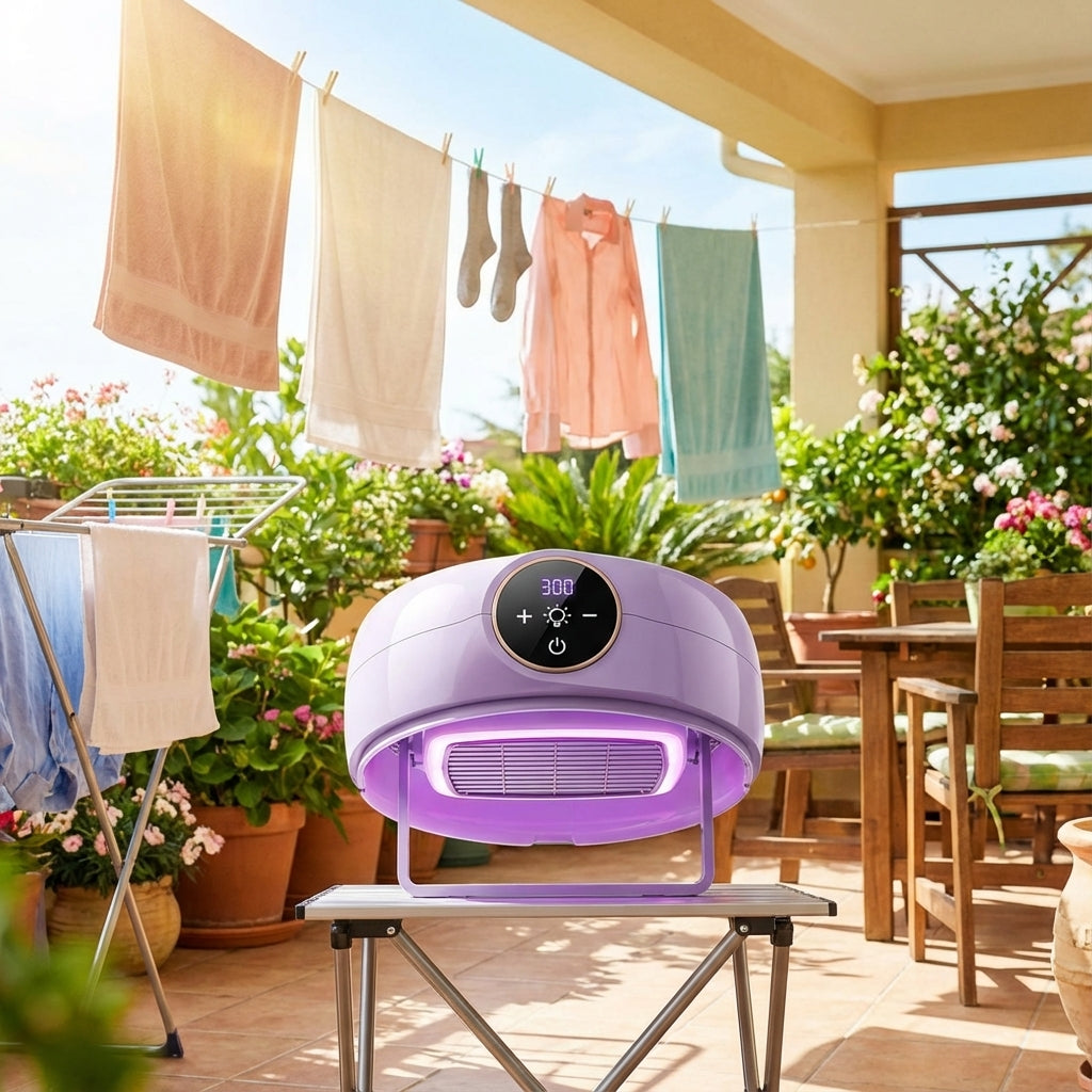 An artistic, lifestyle shot capturing the AirFlow Dryer Deluxe outdoors on a sunny patio, with a vibrant, lively background of plants and outdoor furniture. The dryer is positioned on a small, portable stand, bathed in natural sunlight enhanced by a diffus