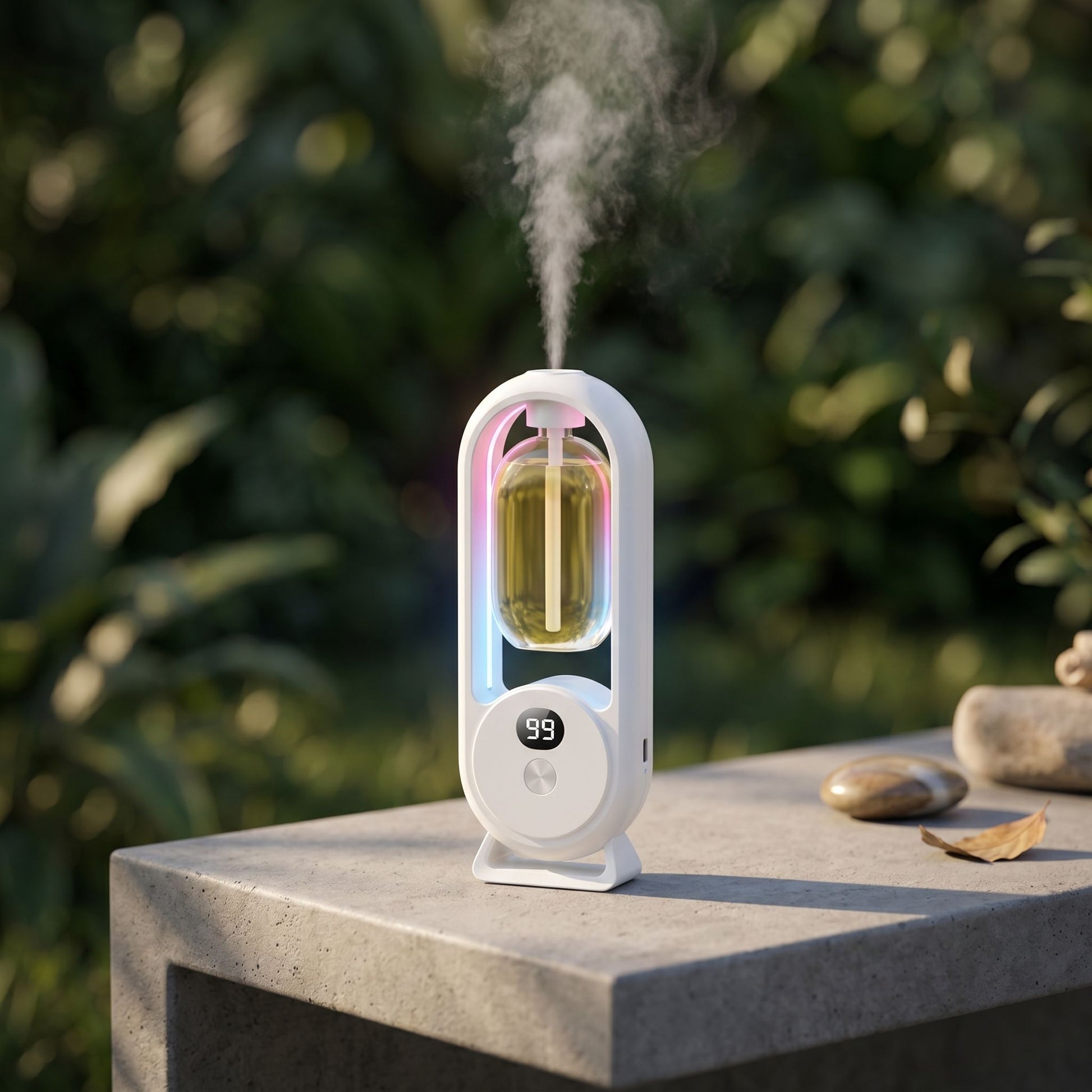 Chefio Smart Essential Oil Diffuser with LED light and mist on outdoor stone table.