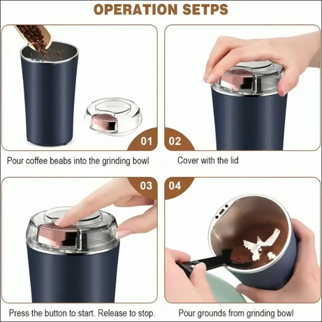GrindMaster Go shown with step by step instructions for grinding coffee beans.