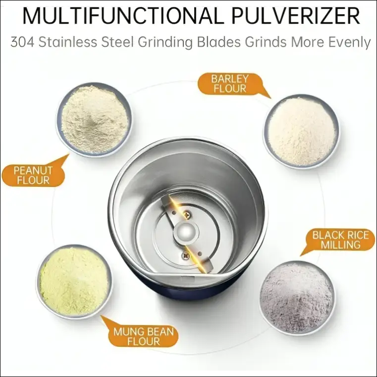 GrindMaster Go pulverizer with stainless steel blades for grinding grains and beans.