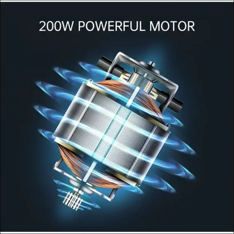 GrindMaster Go: close-up of the powerful 200W motor with energy waves.