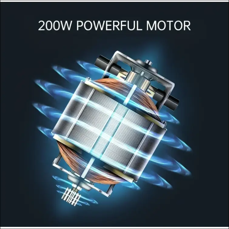 GrindMaster Go: close-up of the powerful 200W motor with energy waves.