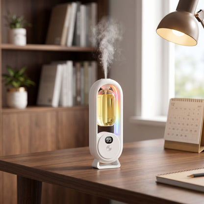 Chefio Smart Essential Oil Diffuser with LED light emitting mist on a wooden office desk in a cozy home setting.