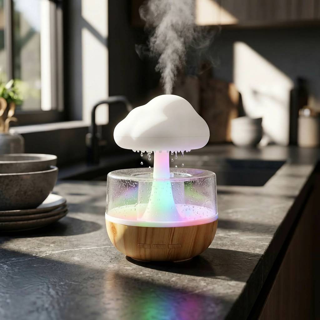 Tiny Rain Cloud Humidifier with colorful LED glow on a minimalist wooden nightstand during early evening.