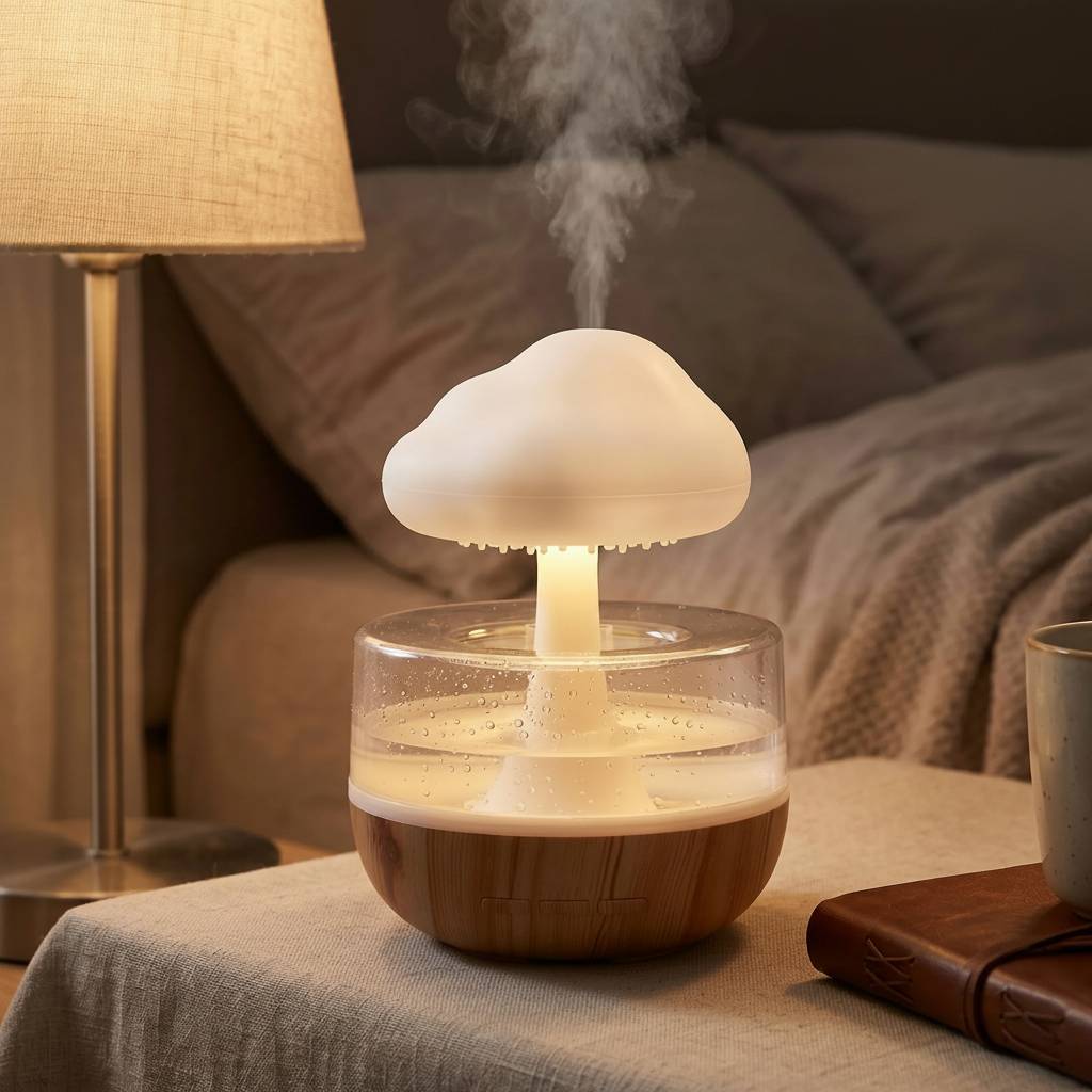 Tiny Rain Cloud Humidifier on a plush surface with colorful LED glow, creating a warm, relaxing bedside atmosphere.