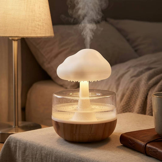 Tiny Rain Cloud Humidifier on a plush surface with colorful LED glow, creating a warm, relaxing bedside atmosphere.