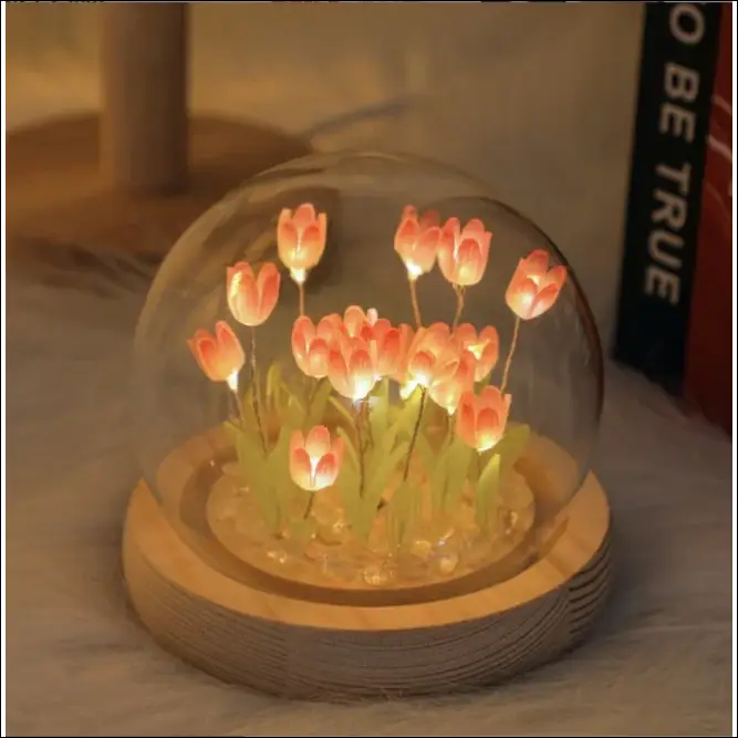 Luminous dome with glowing tulips for ambient lighting.