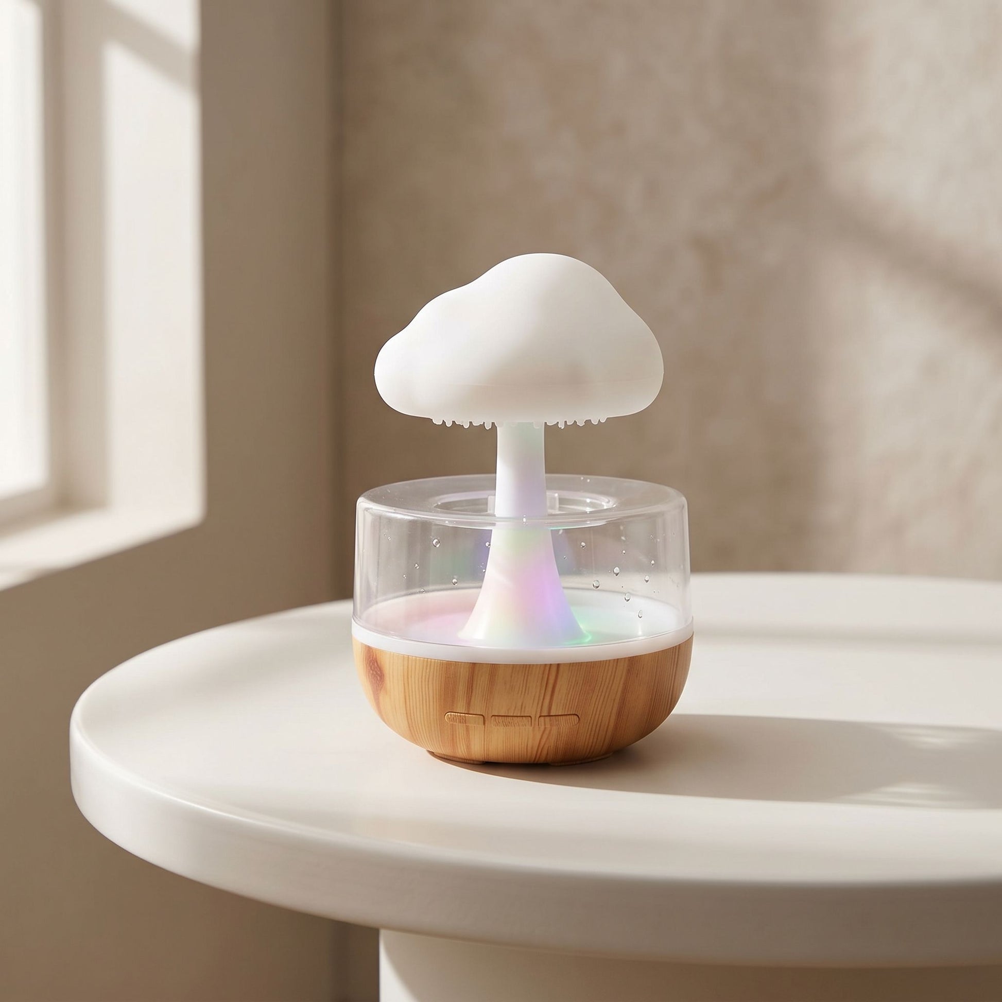 Small Rain Cloud Humidifier on a ceramic table with warm daylight and a subtle LED glow against a neutral background.