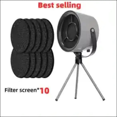 Portable smoke-free fan with tripod stand and stack of filter screens.