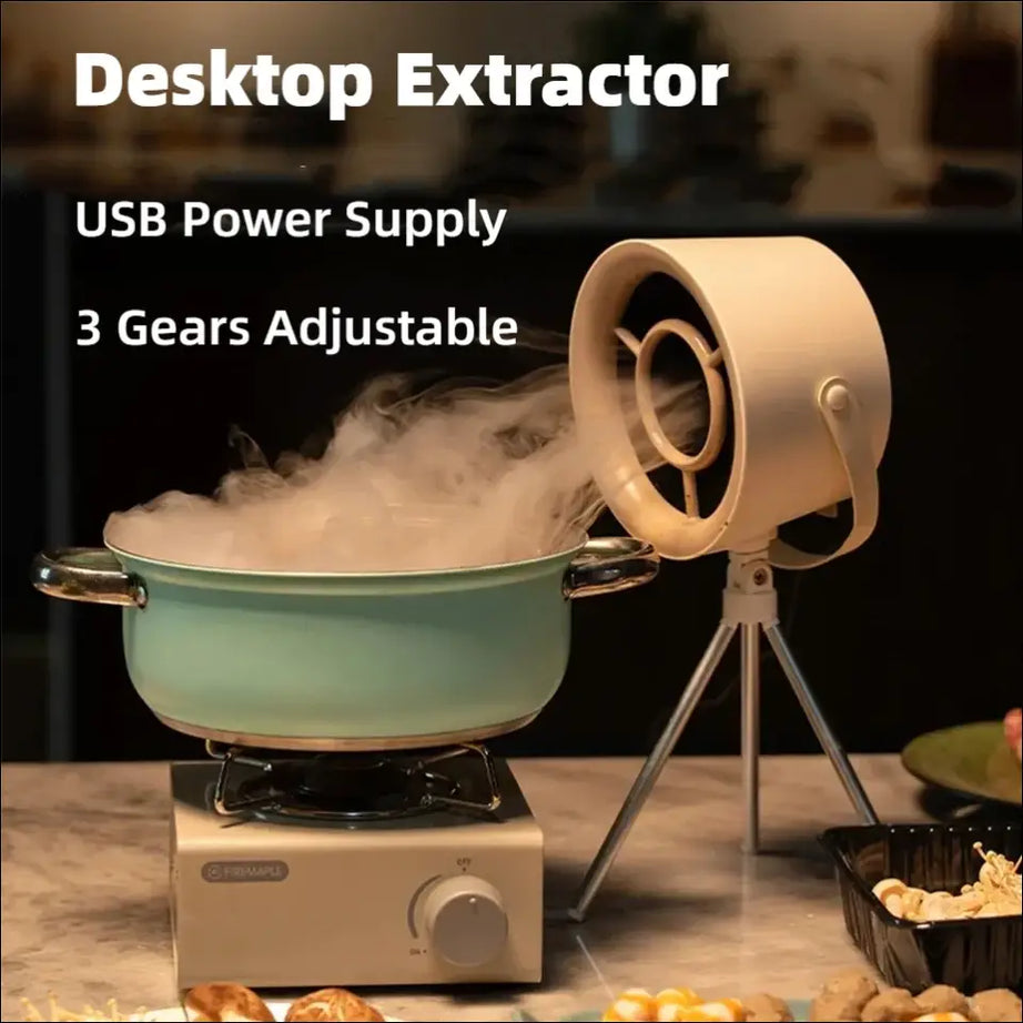 Smoke free fan with tripod extracting fumes from pot. Desktop extractor.