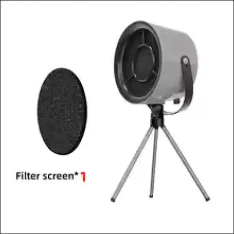 Portable fan on tripod with smoke filter screen.