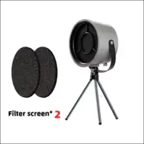 Portable fan on tripod with filter screens for smoke removal.