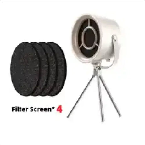 Smoke-free fan with stand and round carbon filter screens.
