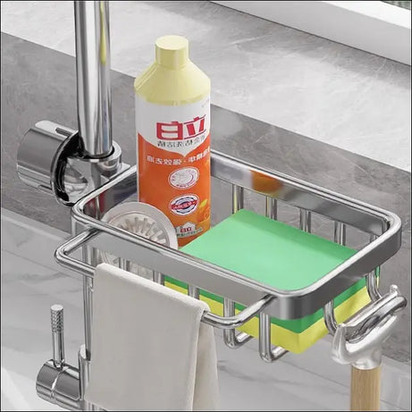 Chefio Kitchen Sink Organizer: Sponge Holder, Dish Soap Caddy, Towel Bar - Stainless Steel