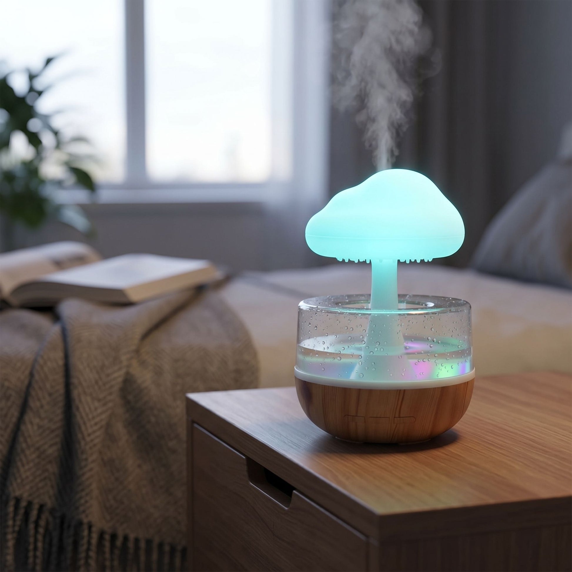Tiny Rain Cloud Humidifier with colorful LED glow on a minimalist wooden nightstand during early evening.