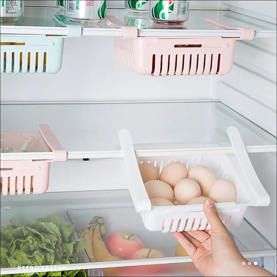 SnapFresh refrigerator organizer basket holding eggs for efficient space saving.