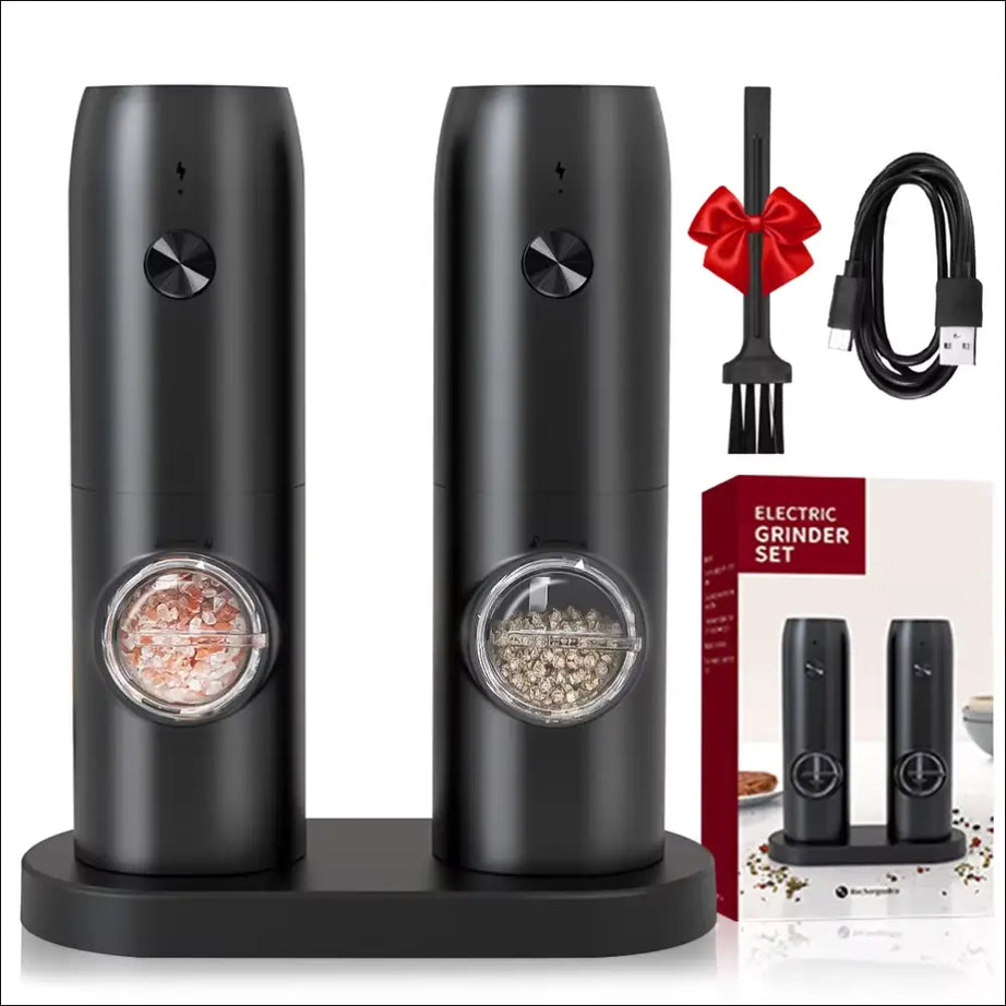 SpiceEase electric grinder set with salt and pepper; sleek black design.