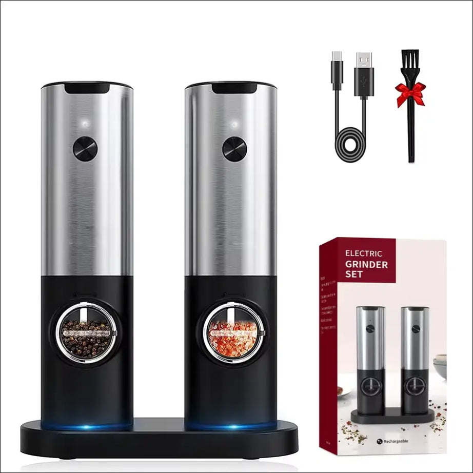 SpiceEaseTM electric grinder set with USB charger and brush accessory included.