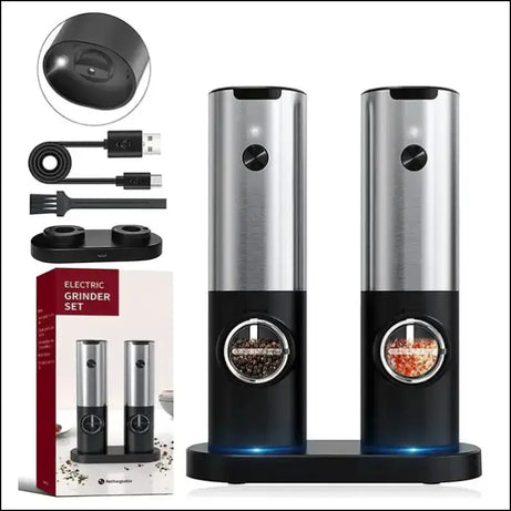 SpiceEaseTM grinders: Electric spice grinder set with charging base and cable.