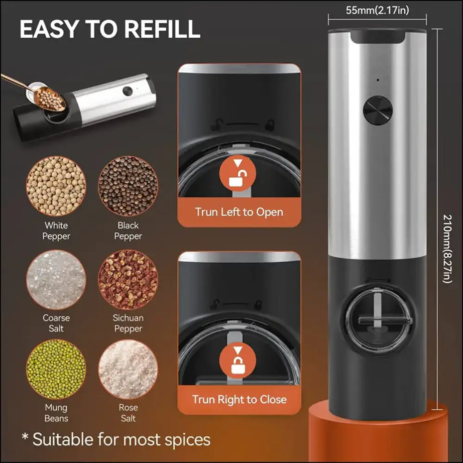 SpiceEase Grinder shown with easy refill and clear spice container.