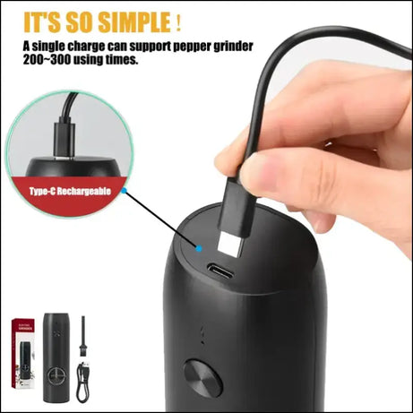 Charging SpiceEase grinder with USB-C cable for rechargeable, long-lasting spice grinding.