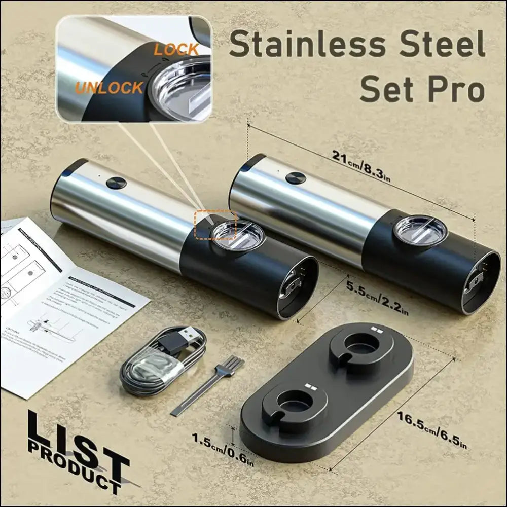 Stainless steel SpiceEase grinder set with charging base and cleaning tool.