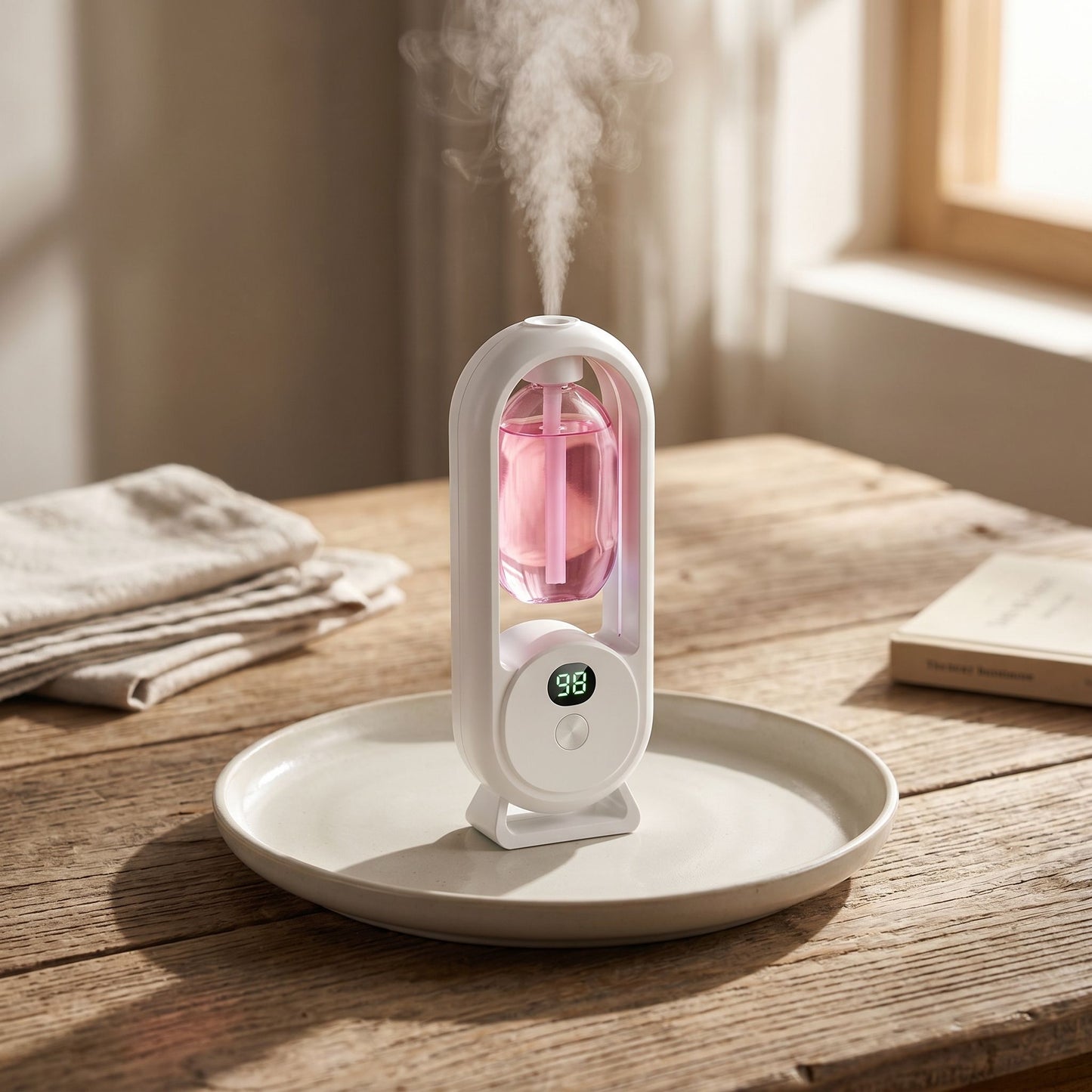 Chefio Smart Essential Oil Diffuser with pink glass vial on a wooden table, emitting a fine mist in sunlight.