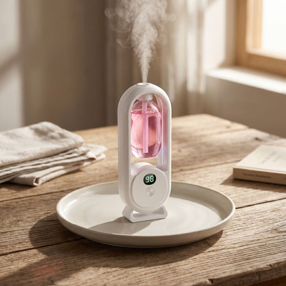 Chefio Smart Essential Oil Diffuser with pink glass vial on a wooden table, emitting a fine mist in sunlight.