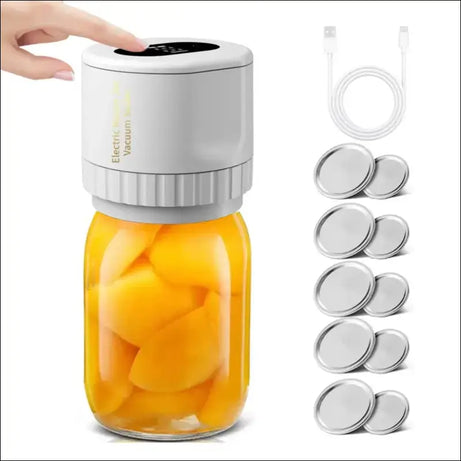 VacuumMaster Jar Sealer Kit: Electric Food Preservation - Sealing Peaches, Includes Lids & USB Cord - Airtight Canning System