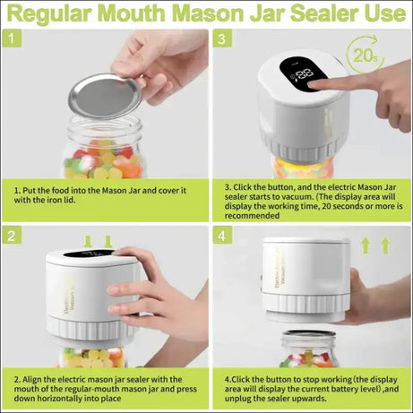 VacuumMaster Jar Sealer steps: Sealing a mason jar with electric vacuum sealer for food preservation and long-term storage.