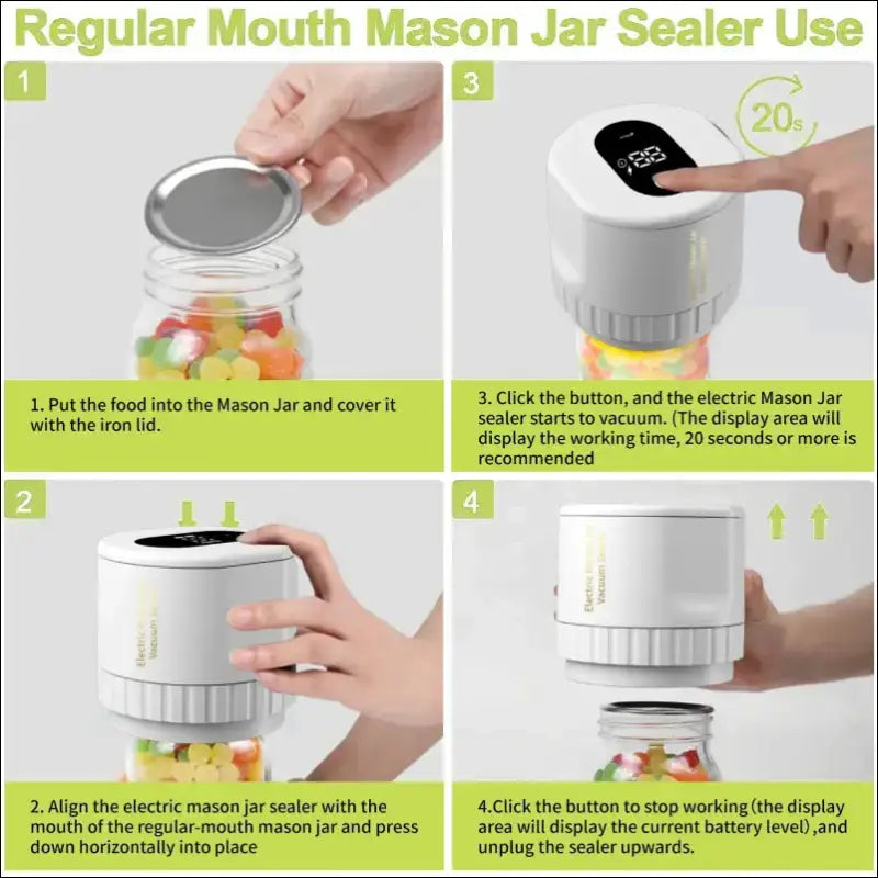 VacuumMaster Jar Sealer steps: Sealing a mason jar with electric vacuum sealer for food preservation and long-term storage.